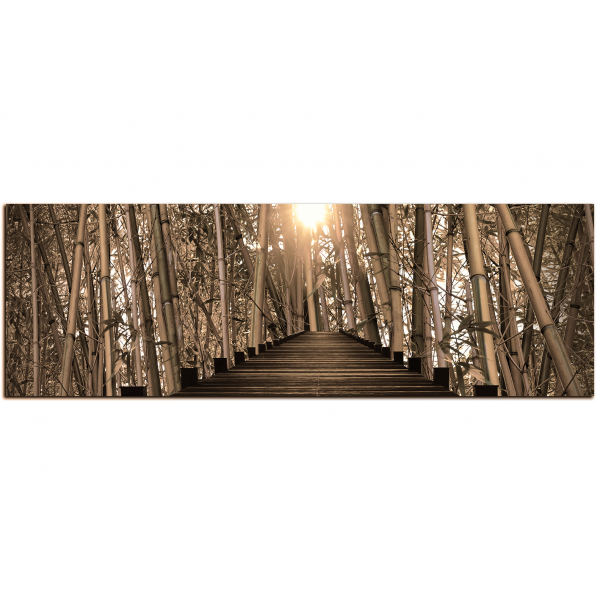 Obraz na plátně - Dřevěná promenáda v bambusovém lese - panoráma